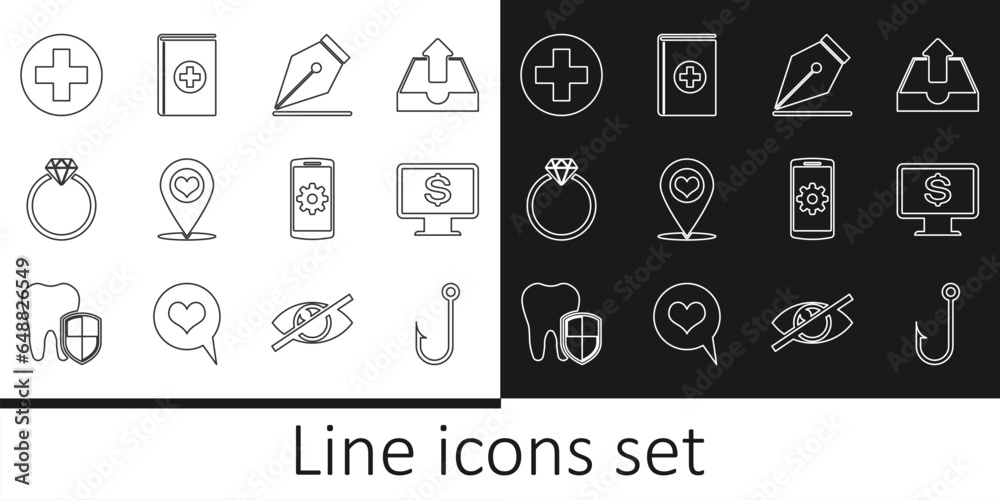 Set line Fishing hook, Monitor with dollar, Fountain pen nib, Map pointer heart, Diamond engagement ring, Medical cross circle, Setting smartphone and book icon. Vector