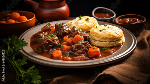 A hearty American biscuit sits beside a steaming bowl of beef stew. The biscuit is golden, flaky, and inviting, ready to be dunked into the rich, savory stew.