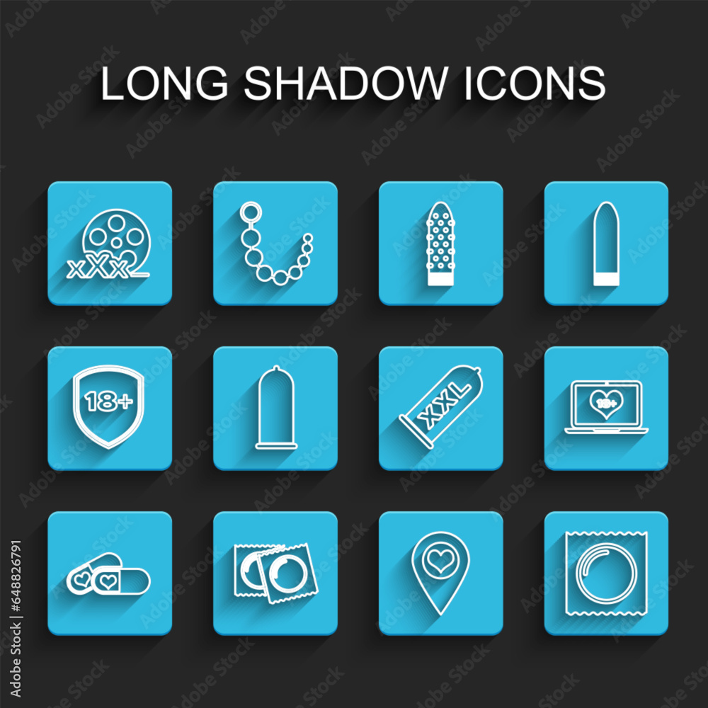 Set line Pills for potency, Condoms in package, Film reel with Sex, Location heart, safe sex, Laptop 18 plus content and icon. Vector