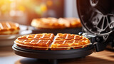 A waffle - a grid-patterned, golden-brown delight, crispy on the outside, and soft on the inside, ready to be drizzled with syrup or topped with goodies.
