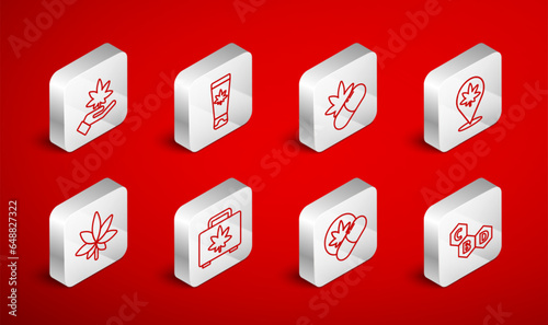 Set line Cannabis molecule, Medical cream with marijuana, pills, Location and, Herbal ecstasy tablets, Marijuana or cannabis leaf, Shopping box of and icon. Vector