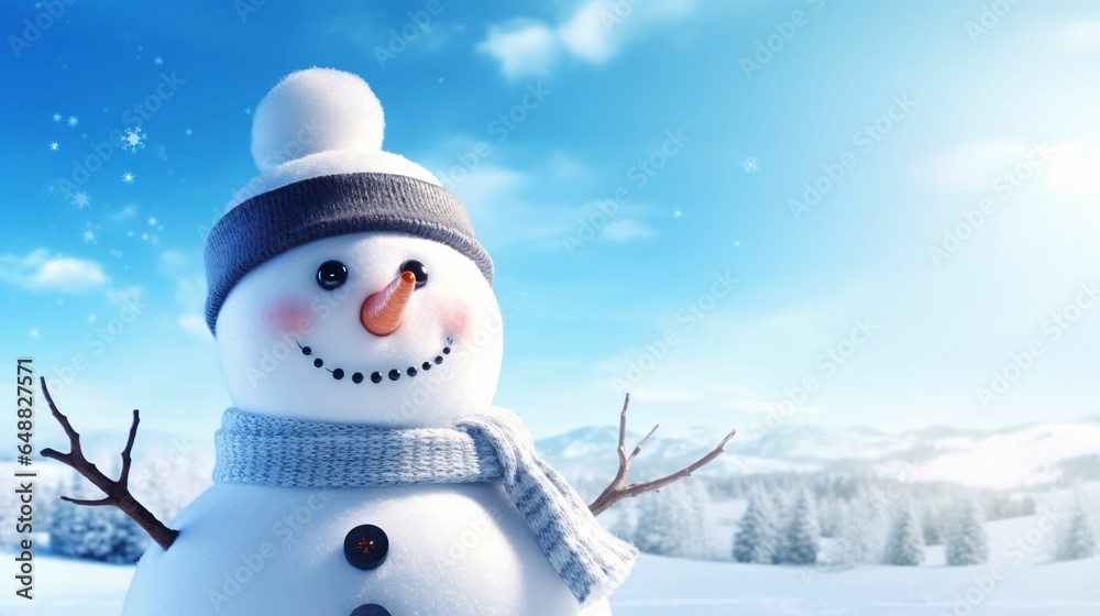 Obraz premium 雪だるまのアップ、余白・コピースペースのある冬の背景