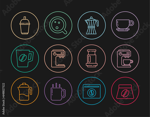 Set line Bag of coffee beans, Coffee machine, moca pot, cup, to go, Aeropress and icon. Vector