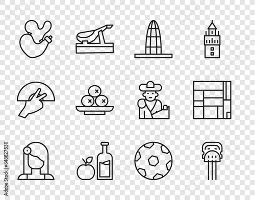 Set line Spanish woman, Peineta, Agbar tower, Apple cider bottle, wineskin, Olives on plate, Football ball and House Edificio Mirador icon. Vector