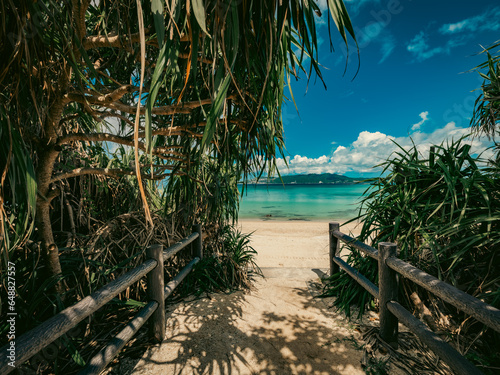 Beautiful view of tropical blue sea or ocean by the white beach and floating a cloud in summer, Okinawa in Japan, Nobody, Landscape or travel, High resolution over 50MP for wallpaper