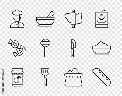 Set line Jam jar, French baguette bread, Rolling pin on dough, Spatula, Cook, Lollipop, Bag of flour and Flour bowl icon. Vector