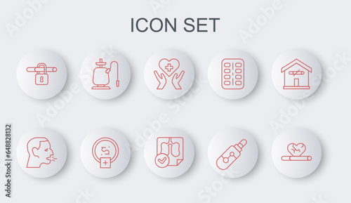Set line Heart disease with smoking, Man coughing, cross, Electronic cigarette, No, Hookah, Stop money saving and Lungs x-ray diagnostics icon. Vector