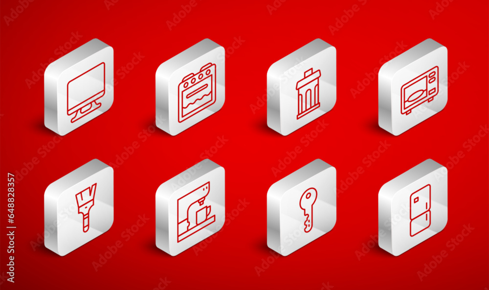Set line Refrigerator, Oven, Trash can, Microwave oven, House key, Smart Tv, Coffee machine and Paint brush icon. Vector
