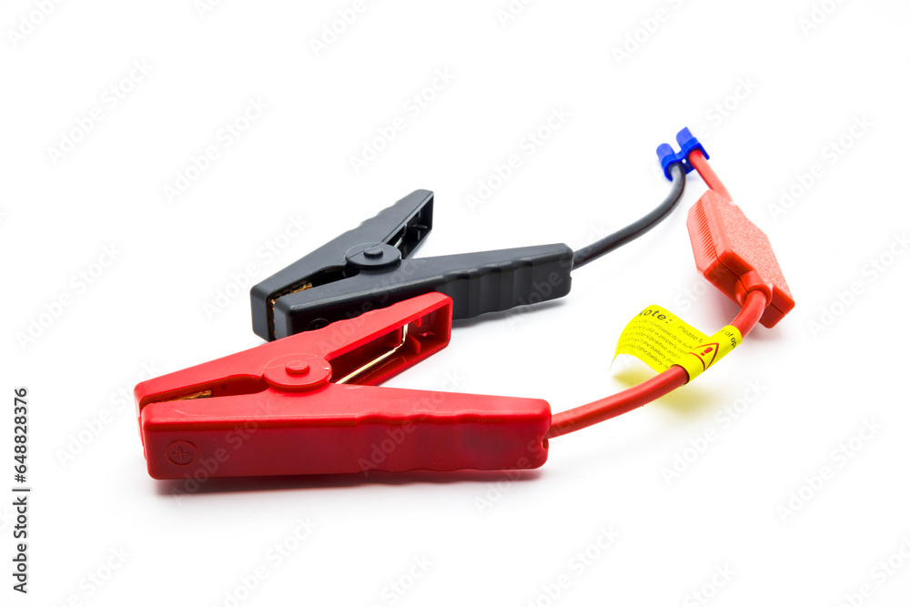 Pair of terminal battery clamp or booster cable isolated on white background. Pair of terminal battery clamp or booster cable isolated on white background.