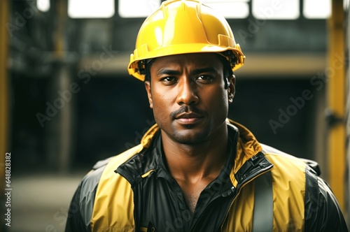 Portrait of black male in yellow uniform and helmet, construction worker, firefighter, background with copy space text 