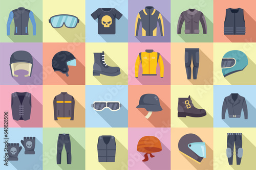 Biker clothes icons set flat vector. Gear motorbike. Biker driver