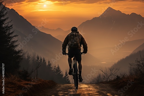 Back view silhouette of a traveler on a mountain bike in the orange lights of the sunrise going down a foggy mountain valley