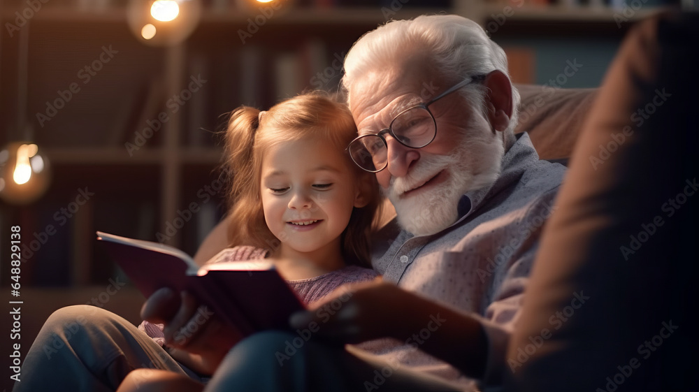 Cute little girl granddaughter reading book with positive senior grandfather - obrazy, fototapety, plakaty 