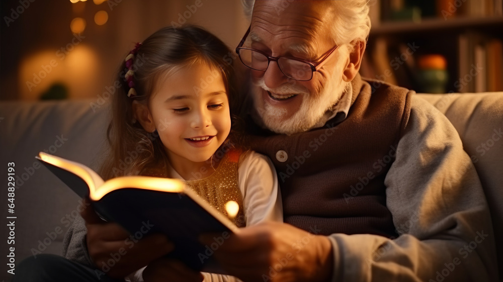 Cute little girl granddaughter reading book with positive senior grandfather Cute little girl granddaughter reading book with positive senior grandfather