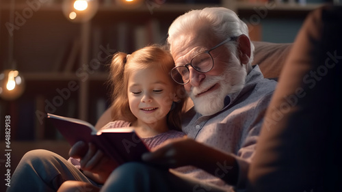 Cute little girl granddaughter reading book with positive senior grandfather photo