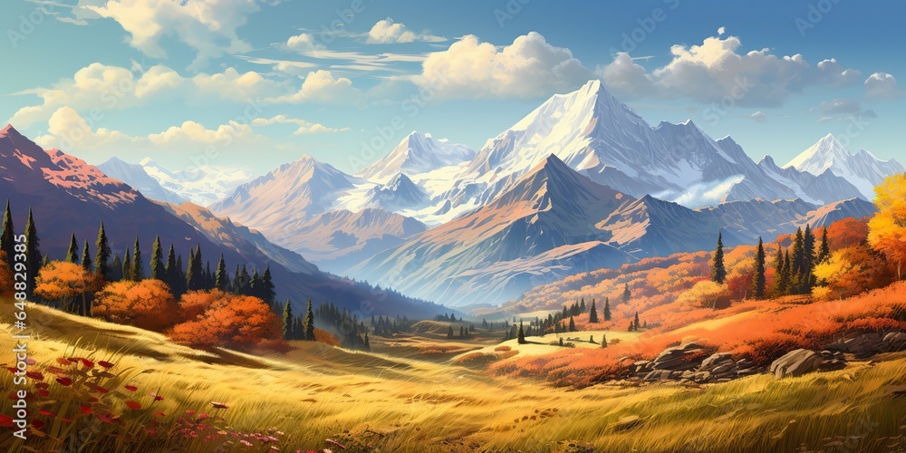 AI Generated. AI Generative. Nature outdoor fall autumn landscape background with mountains and field forest. Graphic Art - obrazy, fototapety, plakaty 