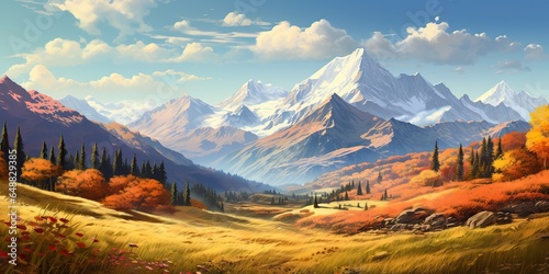 AI Generated. AI Generative. Nature outdoor fall autumn landscape background with mountains and field forest. Graphic Art