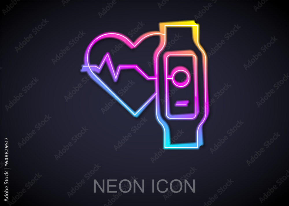 Glowing neon line Smart watch showing heart beat rate icon isolated on black background. Fitness App concept. Vector