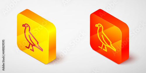Isometric line Bird seagull icon isolated on grey background. Yellow and orange square button. Vector