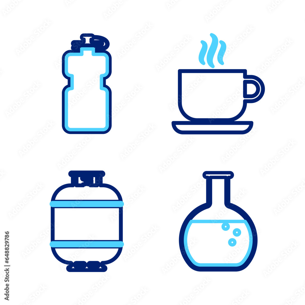 Set line Test tube and flask, Propane gas tank, Coffee cup and Sport bottle with water icon. Vector