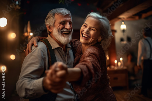 Romantic senior family couple wife and husband dancing to music together in living room.