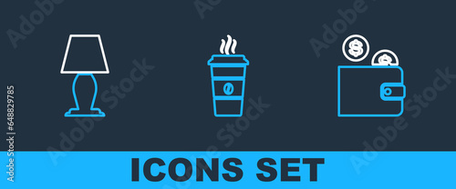 Set line Wallet with coin, Table lamp and Coffee cup icon. Vector