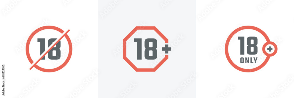 18 plus vector icons set. Different style icons set.Number eighteen in red crossed circle. 18 plus icon page symbol for your web site design. Adult symbol trendy flat style. Vector illustration 18 plus vector icons set. Different style icons set.Number eighteen in red crossed circle. 18 plus icon page symbol for your web site design. Adult symbol trendy flat style. Vector illustration