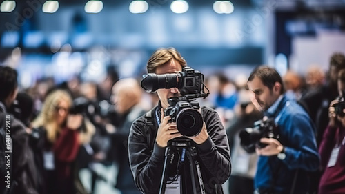 press and media photographer on duty in public news coverage event for reporter.