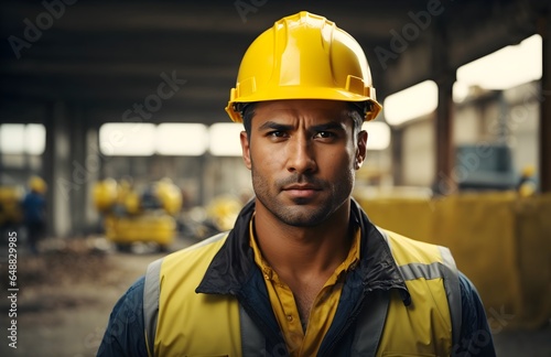 Portrait of handsome man in yellow uniform and helmet, construction worker, firefighter, background, banner with copy space text 