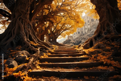 a stairs leading to a giant tree, Autumn, autumn tree, autumn leaves © Gasi