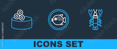 Set line Lobster, Tin can with caviar and Puffer fish on plate icon. Vector