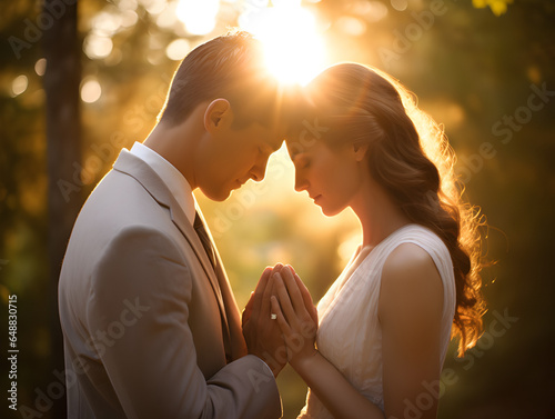 Wedding couple sunset pray together intimacy