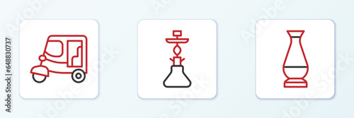 Set line Indian vase, Taxi tuk tuk and Hookah icon. Vector