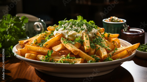 A heaping plate of golden, crispy French fries generously slathered with creamy mayonnaise.Generative AI.