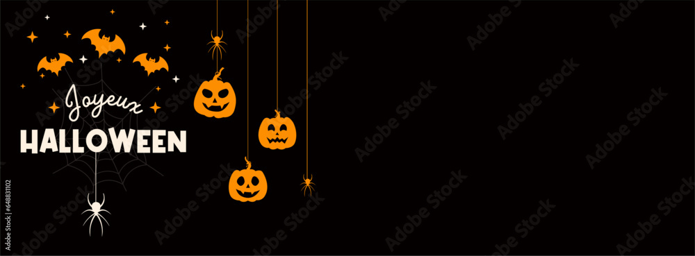 Joyeux Halloween - Bannière pour célébrer la soirée d'Halloween - Fond d'Halloween - Chauves-souris, araignées et citrouilles - Événement - Fête d'octobre - Noir et Orange - Nuit - Web