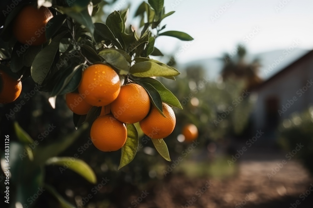 Close up of orange trees on organic fruit farm, AI generated