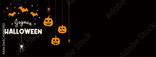 Joyeux Halloween - Bannière pour célébrer la soirée d'Halloween - Fond d'Halloween - Chauves-souris, araignées et citrouilles - Événement - Fête d'octobre - Noir et Orange - Nuit - Web