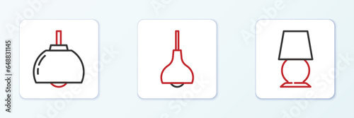 Set line Table lamp, Chandelier and Lamp hanging icon. Vector