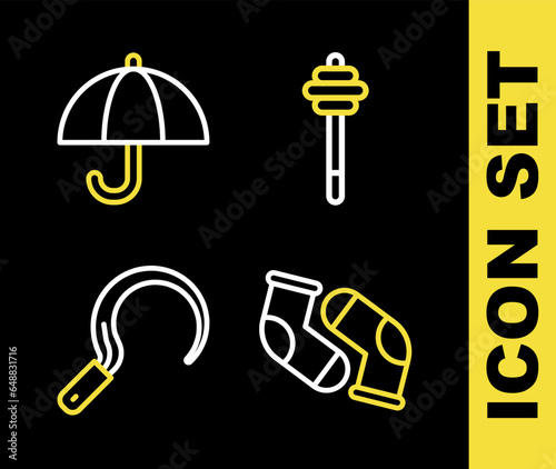 Set line Honey dipper stick, Socks, Sickle and Umbrella icon. Vector
