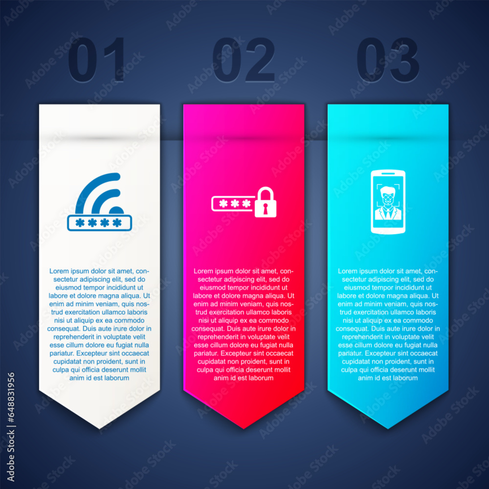 Set Wifi locked, Password protection and Mobile and face recognition. Business infographic template. Vector