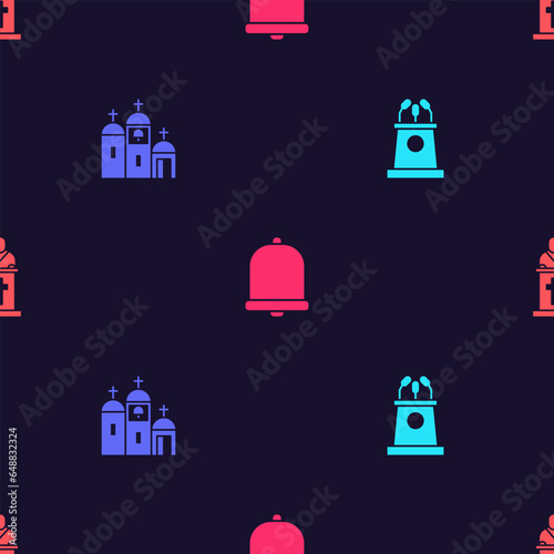 Set Stage stand or tribune, Church building, bell and pastor preaching on seamless pattern. Vector