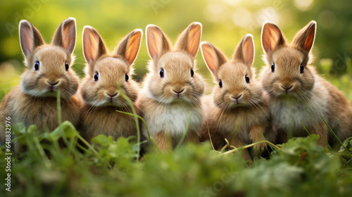 A group of funny rabbits on green grass close-up © Veniamin Kraskov