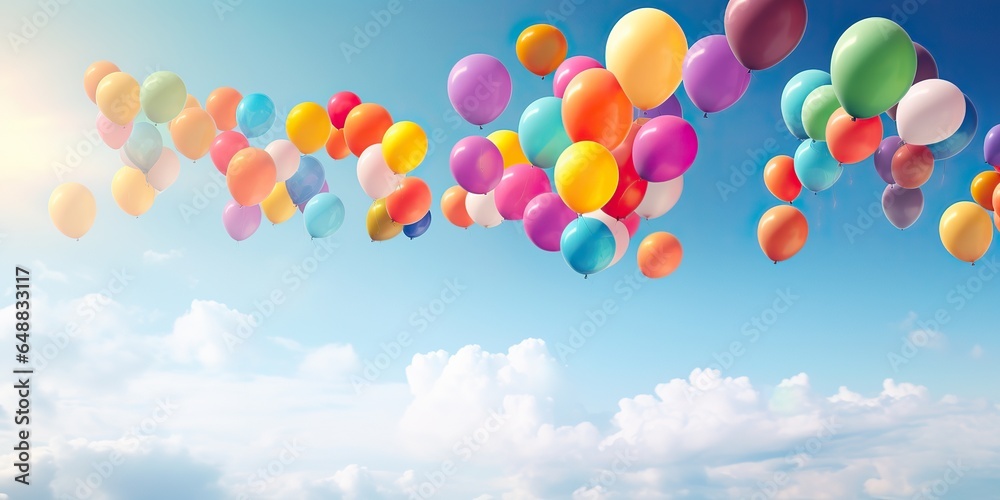 AI Generated. AI Generative. Many helium balloons balls in the blue sky flying background. Graphic Art