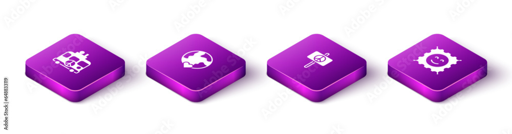 Set Isometric Hippie camper van, The heart world - love, Peace and LSD acid mark icon. Vector Set Isometric Hippie camper van, The heart world - love, Peace and LSD acid mark icon. Vector