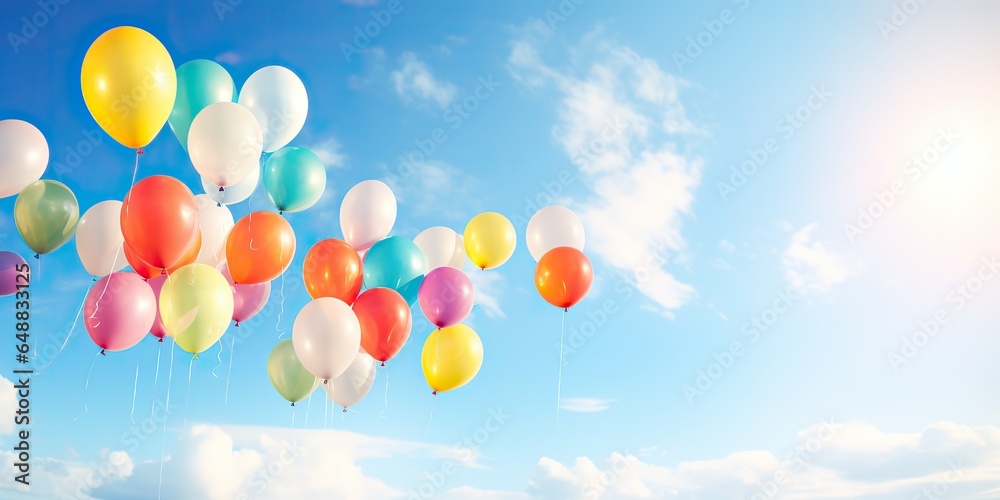 AI Generated. AI Generative. Many helium balloons balls in the blue sky flying background. Graphic Art
