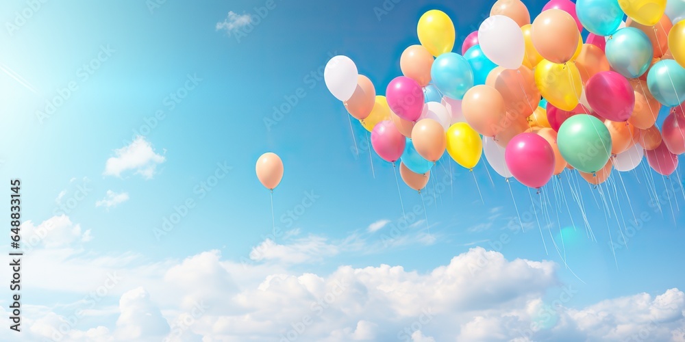 AI Generated. AI Generative. Many helium balloons balls in the blue sky flying background. Graphic Art