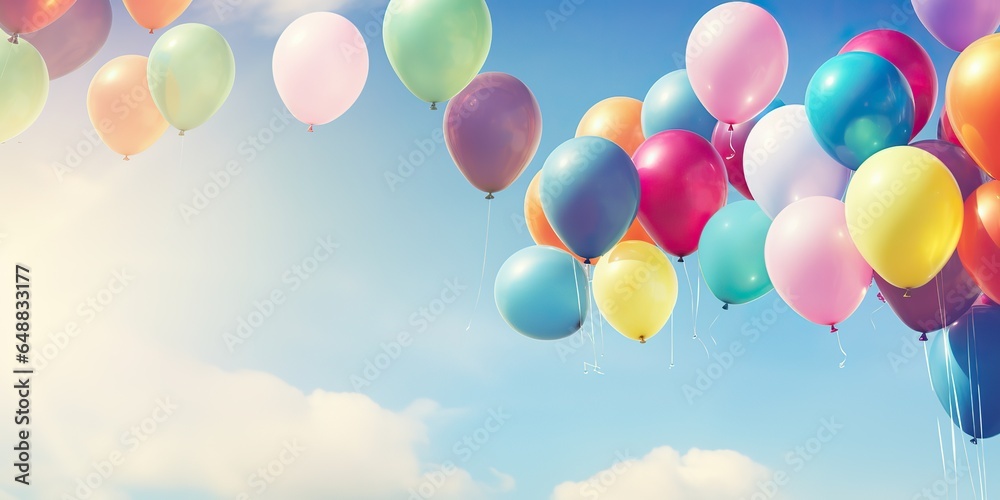 AI Generated. AI Generative. Many helium balloons balls in the blue sky flying background. Celebration birthday holiday mock up template