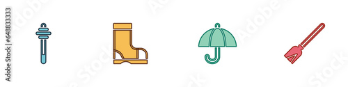 Set Honey dipper stick, Waterproof rubber boot, Umbrella and Handle broom icon. Vector