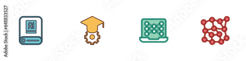 Set Artificial intelligence AI, Graduation cap, Neural network and icon. Vector