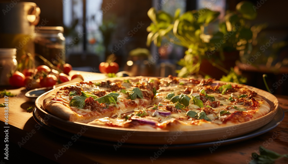 Pizza with mozzarella, tomato and basil on wooden table Pizza with mozzarella, tomato and basil on wooden table